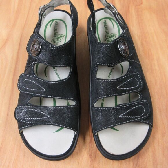 WALDLAUFER Zander Black Glitter Leather Sandals Womens Sz 9 Ortho Comfort Shoes - Picture 1 of 16